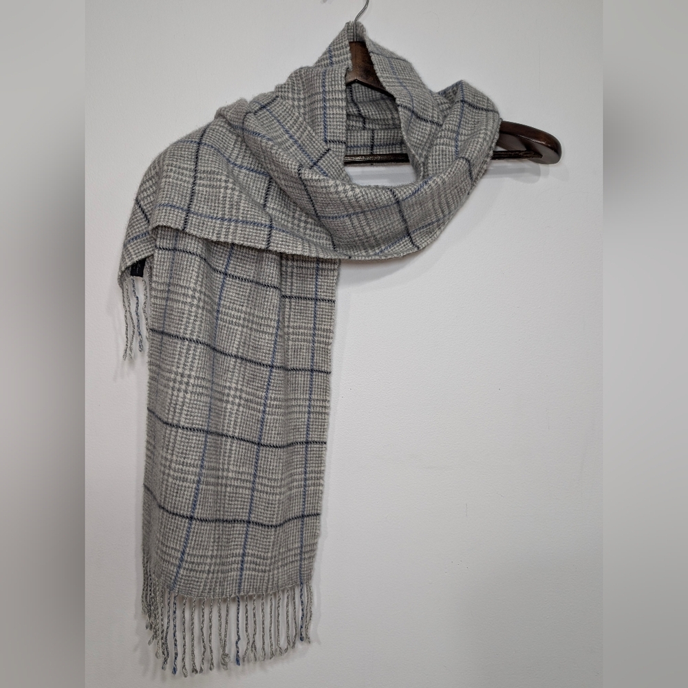 Enzo Mantovani Gray Blue Unisex 100% Cashmere Plaid Scarf Neutral Winter Fall
